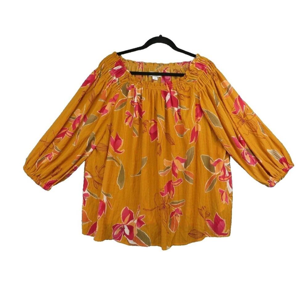 Ava & Viv Women’s Floral Orange Long Ballon Sleeve Blouse Casual Top Size 1X